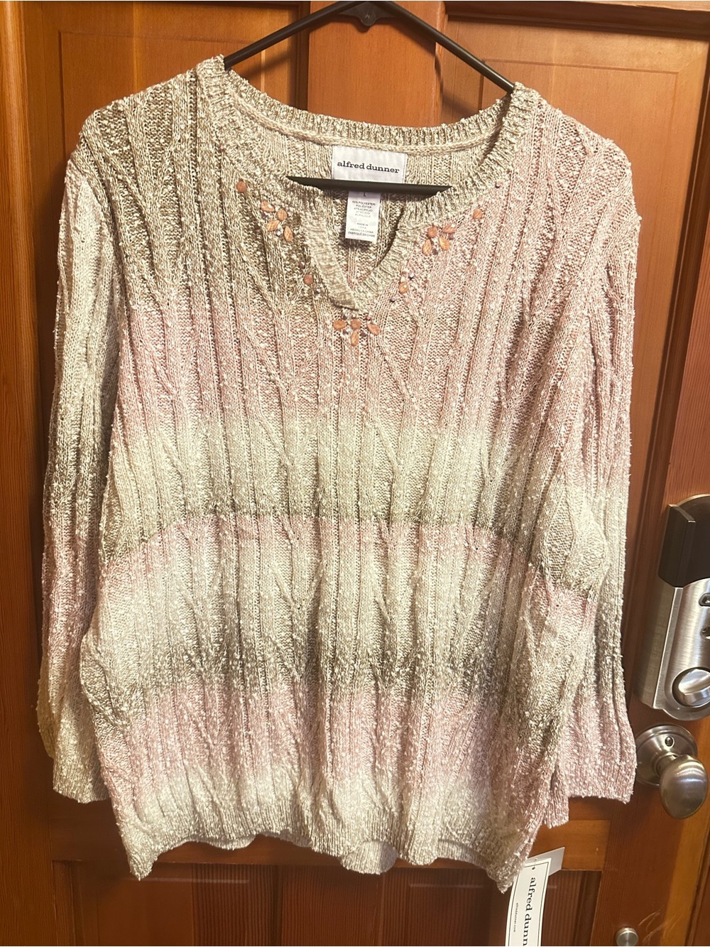 Alfred Dunner Pink and Cream Ombre Knit V-Neck Sweater with Bead Detail